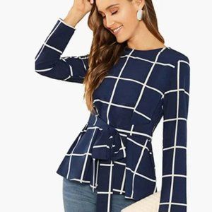 Shein windowpane long sleeve tie waist top szS